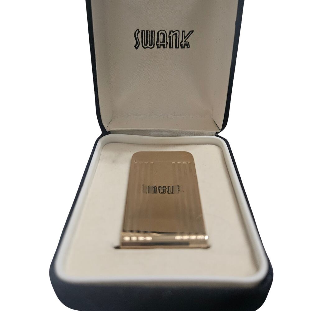 1950s Etched Stripes Swank Gold Tone Money Clip Velvet Jewelry Box Vintage